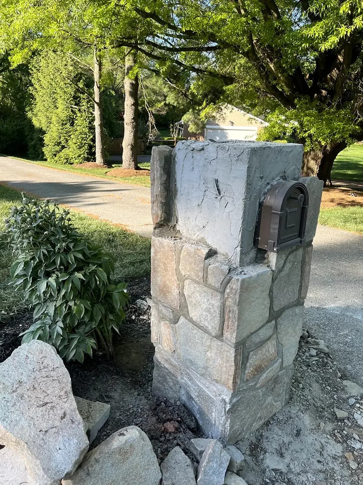 Natural stone mailbox column with veneer facing — Baltimore area, MD.